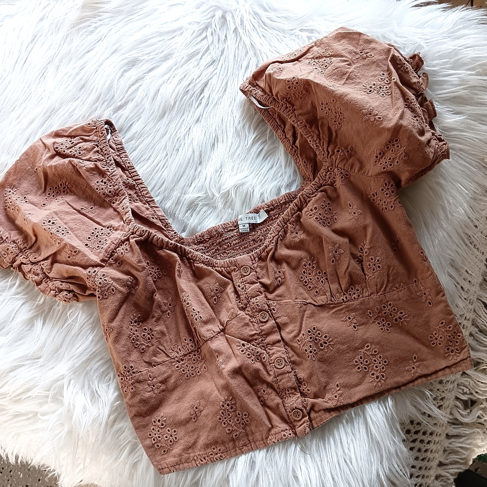Rust Eyelet Puff Sleeve Crop Top